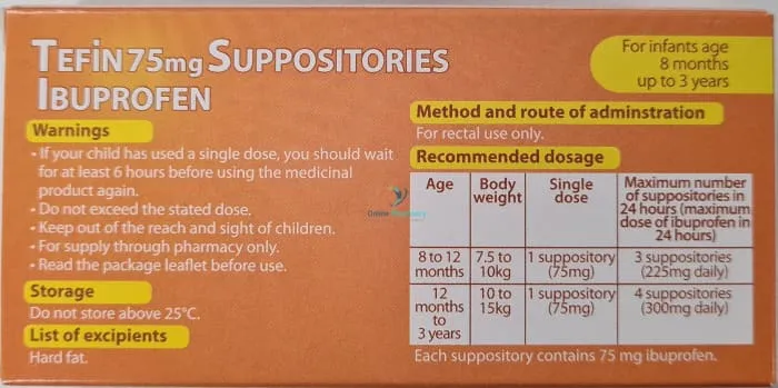Tefin 75mg Ibuprofen Suppositories - 10 Pack - Image 2